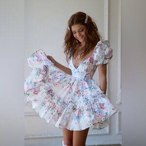 NEW Selkie The Cotswolds Puff-Sleeve Mini Dress White Blue Pink Floral | size XS